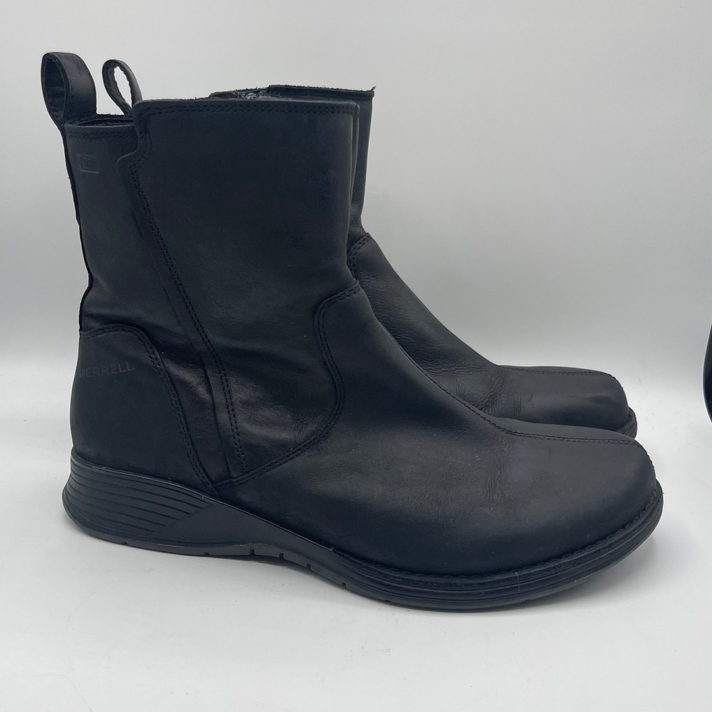 MERRELL Woman's 10 M Black Ankle Boots WATERPROOF LEATHER Zip Close Rubber Sole